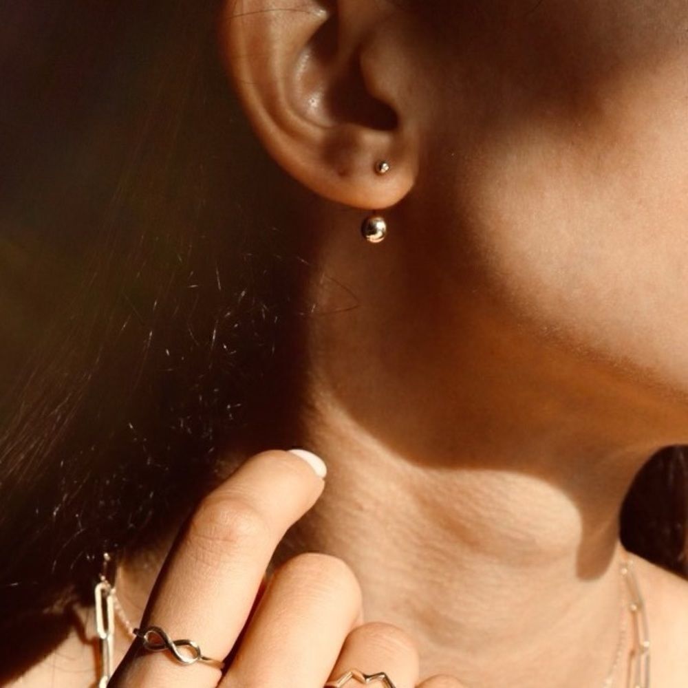 Double Ball Two Hole Earrings 14k Solid Gold Real Gold Telephonic Earrings